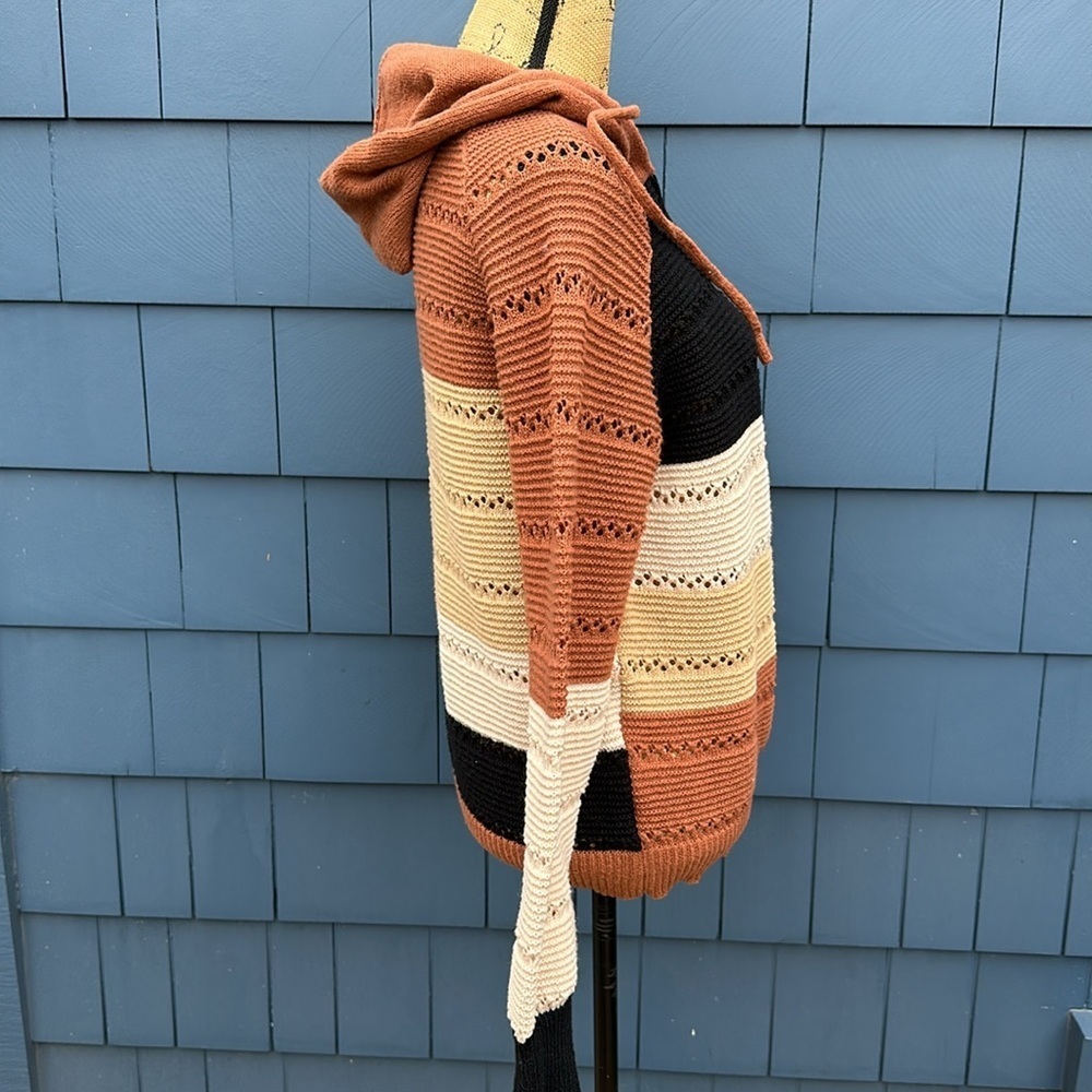 🤎🖤🤍Shein brown striped sweater zipper hoodie cardigan medium - Picture 4 of 7